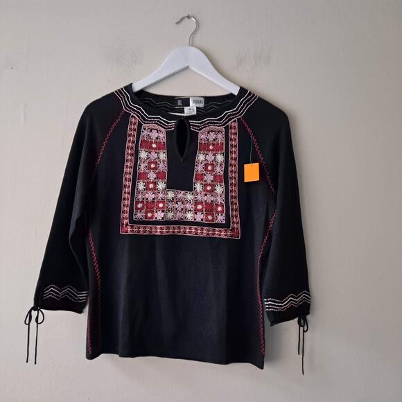 Bill Blass Womens Black Multicolored Embroidered Top w Keyhole Neckline - Size S - Picture 7 of 12